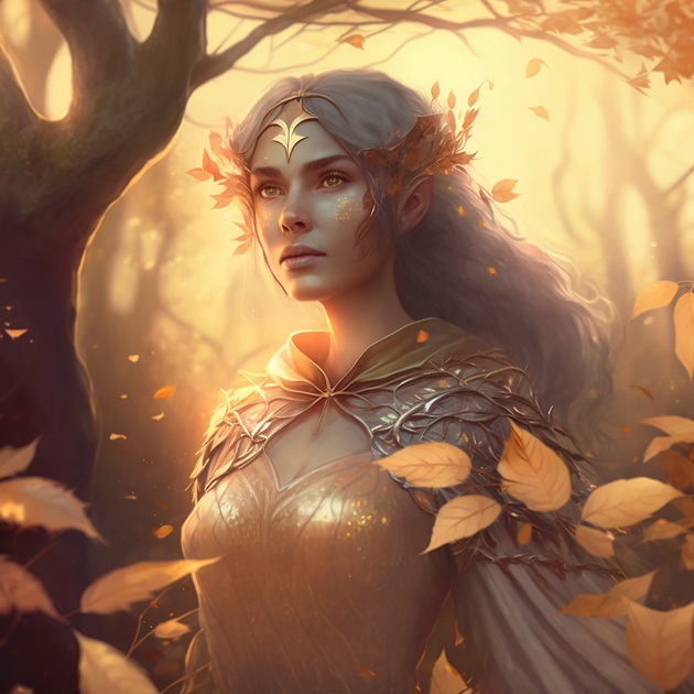 Figură mistică a unei femei înconjurate de o aură luminoasă și de frunze