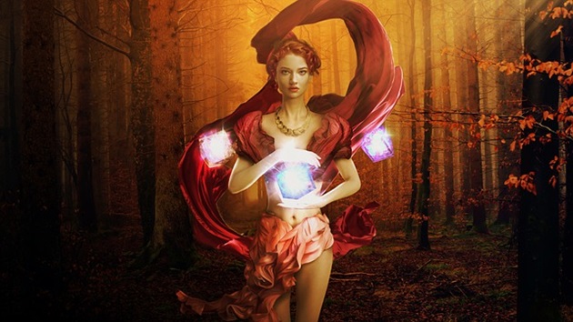 femeie gotică care tine un glob de cristal în mână, într-un univers întunecat