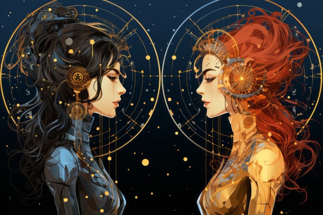 Două personaje mistice care stau față în față într-un univers astral