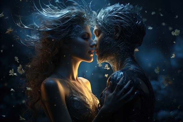 Două figuri mistice, bărbat și femeie, care se sărută și se îmbrățișează 