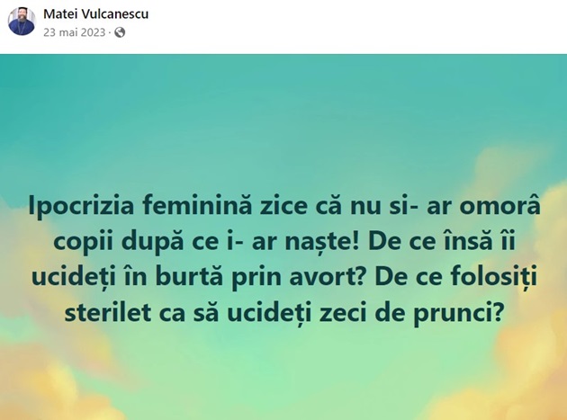 Postare de a preotului Matei Vulcănescu cu privire la avort