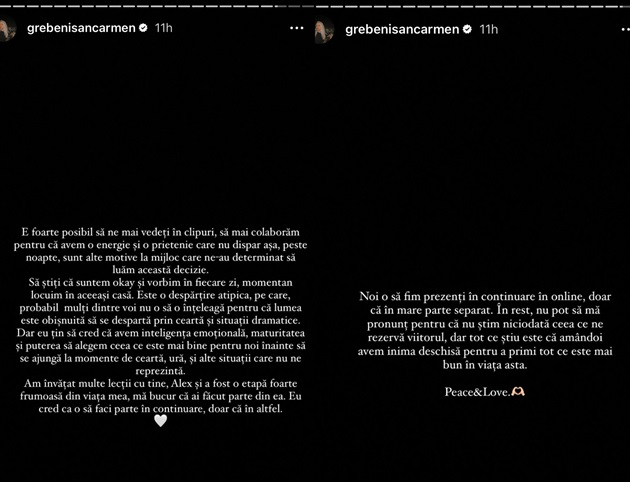 mesajele publicate de Carmen Grebenișan pe InstaStory cu privire la divorț