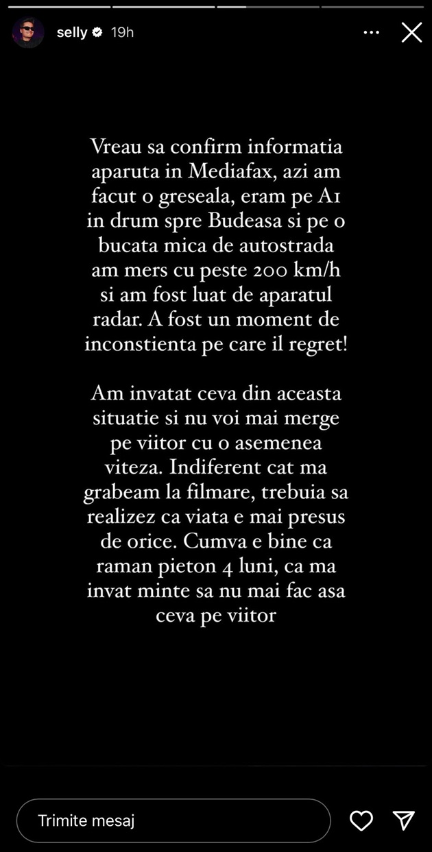 Captură de pe InstaStory cu mesajul publicat de Selly după ce a fost prins de politie cu 236 km/h