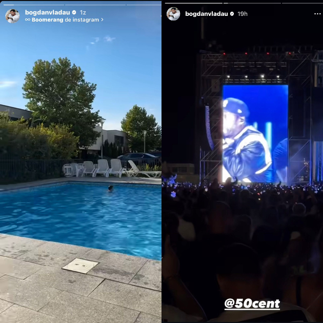 Capturi de pe instastory-ul lui Bogdan Vlădău cu poze de la piscina și de la concertul lui 50 cent