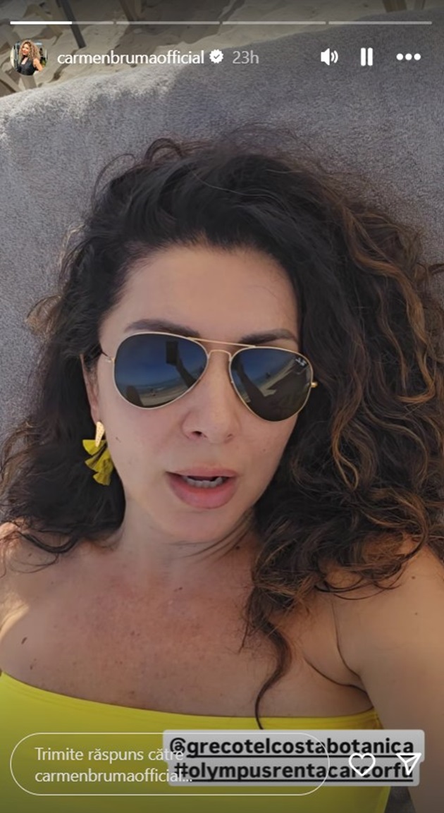 Carmen Bruma povestind pe InstaStory despre incidentul prin care au trecut în Grecia
