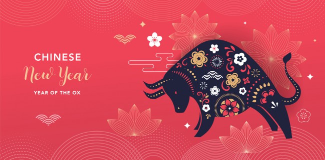 an chinezesc 2021 anul bivolului de metal cu bivol pe fundal roz inflorat