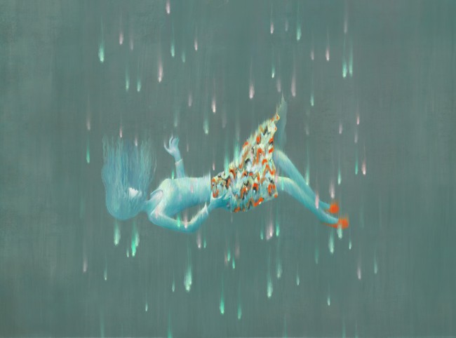 ilustratie cu femeie care se scufunda in apa cu fusta cu print cu portocaliu, concept pentru tristete si sentimente ranite
