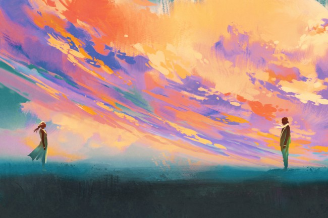 ilustratie cu un cuplu aflat la distanta pe fundalul unui cer colorat cu violet, galben, auriu si portocaliu