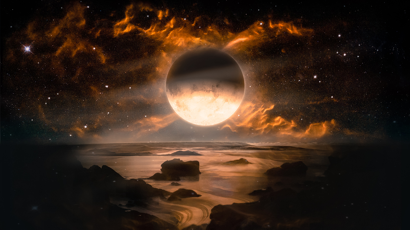 perpectiva abstracta cu luna pe cer cu flacari, imagine Nasa