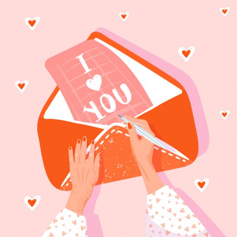 ilustratie pentru scrisoare de dragoste cu maini de fata care scriu o scrisoare si o pun apoi in plic