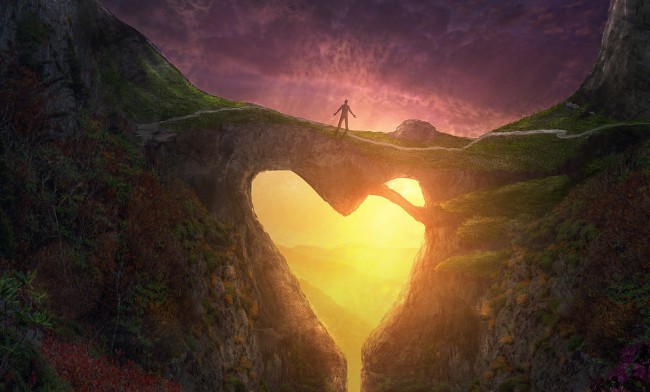 ilustratie cu om deasupra unei culmi de munte cu forma de inima la orizont de vede cerul frumos luminat