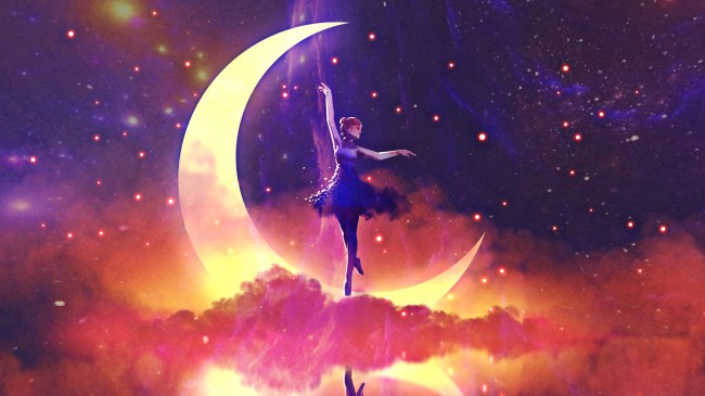 ilustratie cu balerina care danseaza pe nori in fata lunii noi 