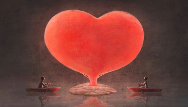 inima rosie pe o apa situata intre doua barci; inima franta, cuplu care urmareste iubirea