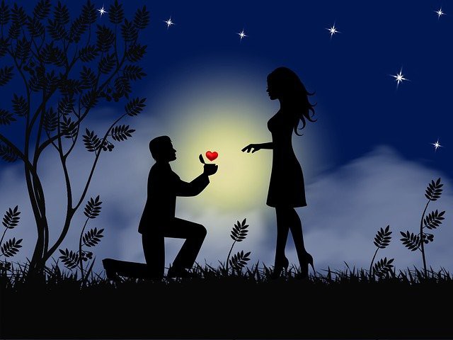 ilustratie cu barbat care o cere in casatorie pe o femeie in fata apusului, inimi si iubire