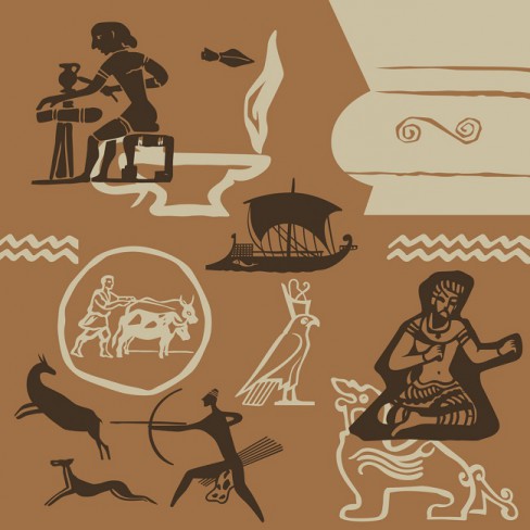 ilustratie cu mesopotamia cu scribi, vanatori, agricultori, animale si navigatori