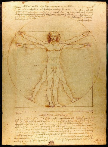 omul vitruvian pe hartie in schita lui da vinci cu insemne pe laterala