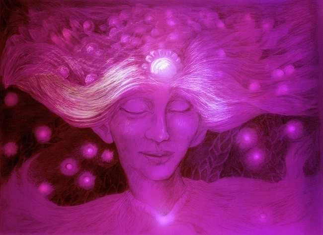 femeie desenata in tonuri de roz cu lumini in par, concept fericire, intelepciune si liniste