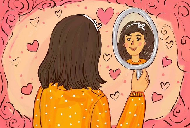 femeie desenata care se uita in oglinda inconjurata de inimi