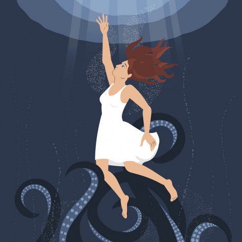 silueta feminina care iese dintr-un lac scapand de tentacule