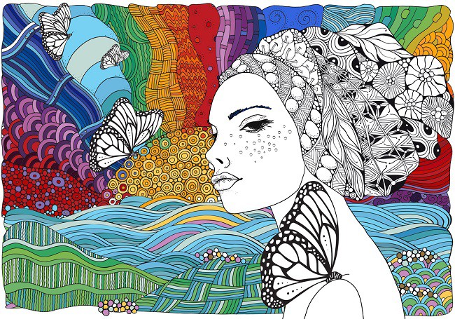 femeie alb negru desenata pe un fundal colorat alaturi de fluturi