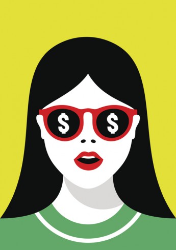 femeie desenata cu ochelari in forma de dolar