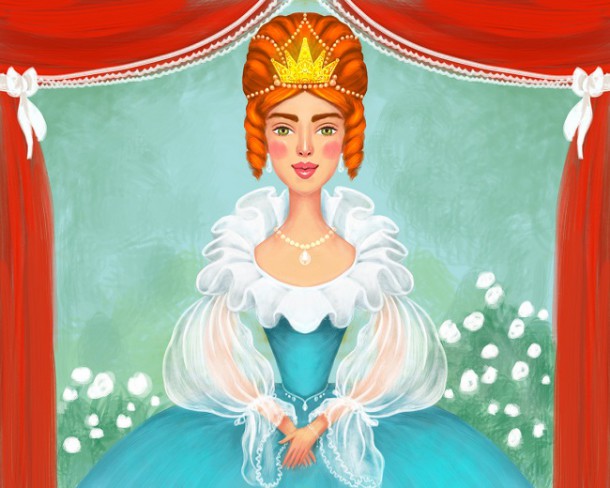 regina roscata cu coroana pe cap si imbracata in rochie de gala