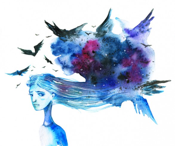 femeie suparata cu nori albastri si pasari deasupra capului