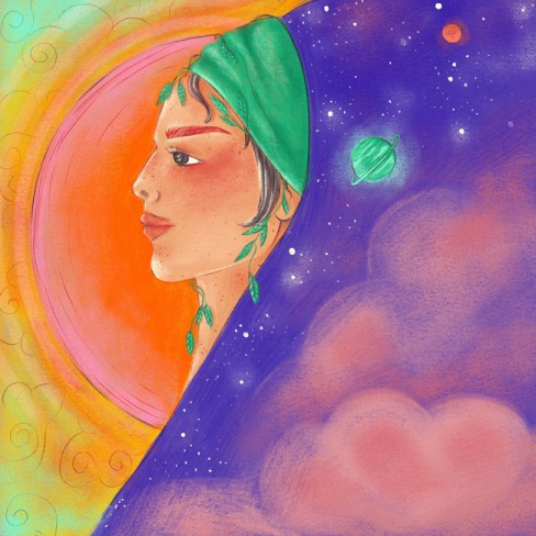 femeie cu frunze in par colorata si fericita langa planete