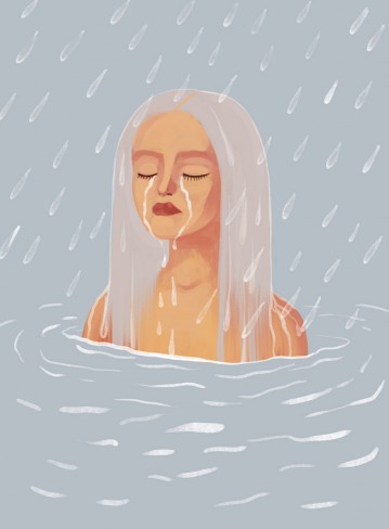 femeie blonda in ploaiee aflata in apa care plange