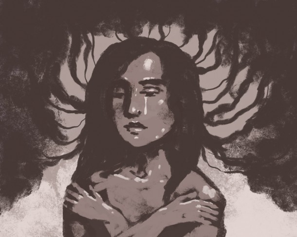 femeie colorata in alb si negru cu lacrimi pe obraji, femeie in depresie