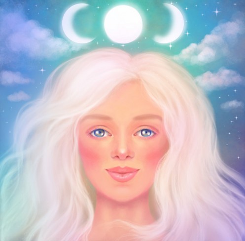 fata blonda cu luna si soare deasupra capului, concept spiritualtate 