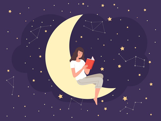 fata care citeste pe luna printre constelatii, concept imaginatie