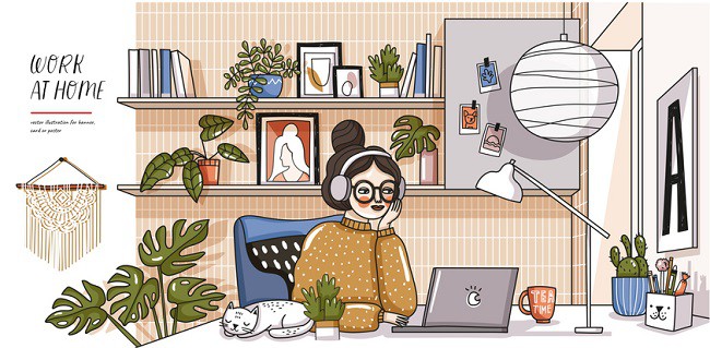 fata care lucreaza de acasa la laptop alaturi de pisica si obiecte de decor