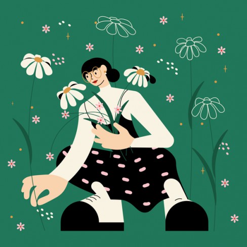 fata fericita in rochie cu buline care culege flori de musetel de pe camp