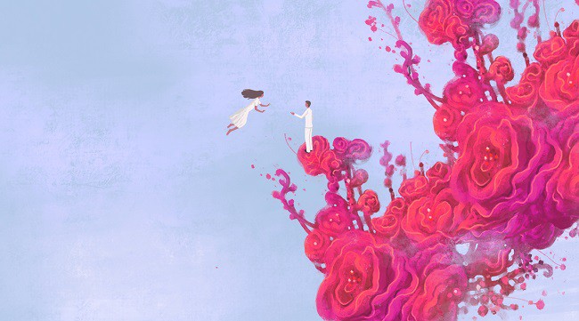 cuplu pe fundal abstract cu petale de trandafiri