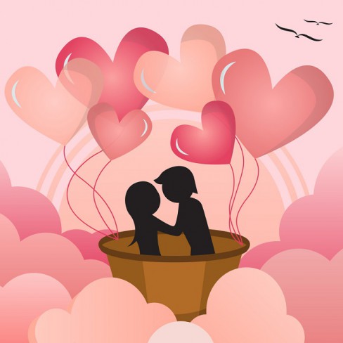 cuplu care sta intr-un balon pe fundalul unui cer cu inimi si curcubee