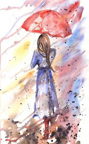 fata in rochie albastra care sta in ploaie cu o umbrela