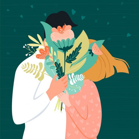 cuplu imbratisat ascuns in spatele unu buchet mare de flori