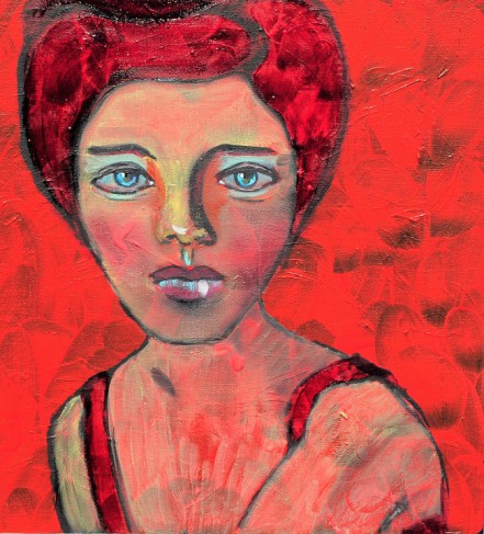 pictura cu o femeie pe un fundal rosu