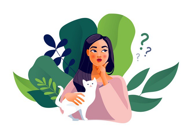 fata care reflecteaza tinand alaturi o pisica si cu plante verzi in spat