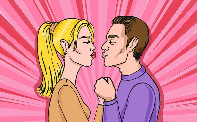 ilustratie retro cu fata si baiat care se saruta si se tin de maini