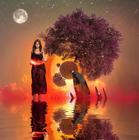 femeie ganditoare care merge pe apa cu luna in spate si copac