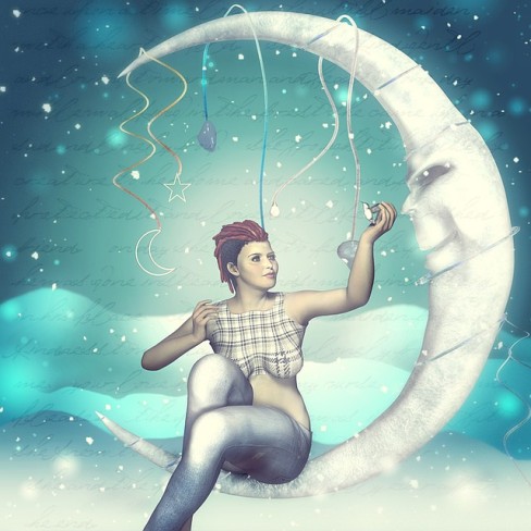 fata fericita care sta in cer pe o luna noua