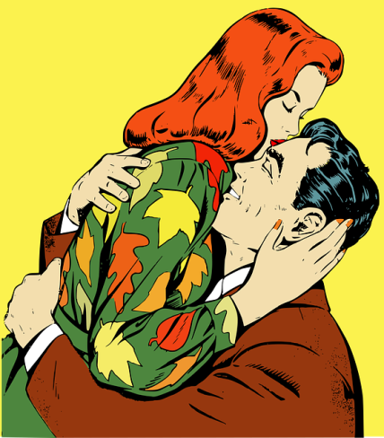 imagine retro cu femeie cu par roscat care saruta si imbratiseaza un barbat