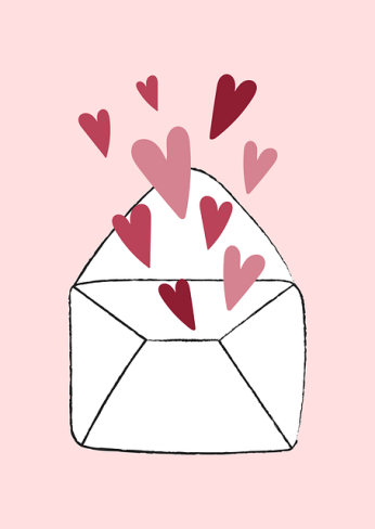 scrisoare de dragoste pe fundal roz din care ies inimioare
