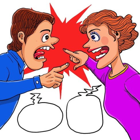 ilustratie cu doua persoane care se cearta alaturi de bule de dialog