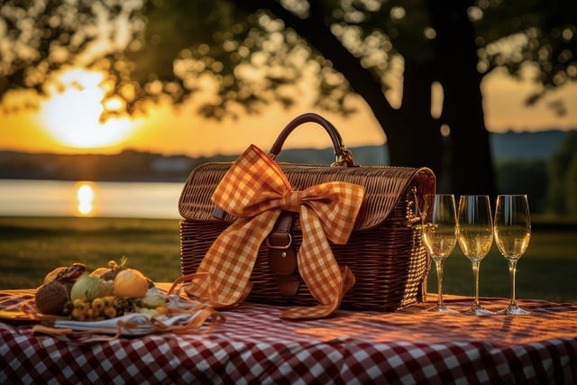 cos de picnic alaturi de pahare de sampanie si un platou cu fructe