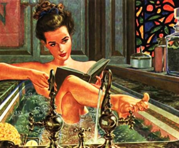 imagine vintage cu fata care isi face baie citind intr-o cana cu robinete de alama