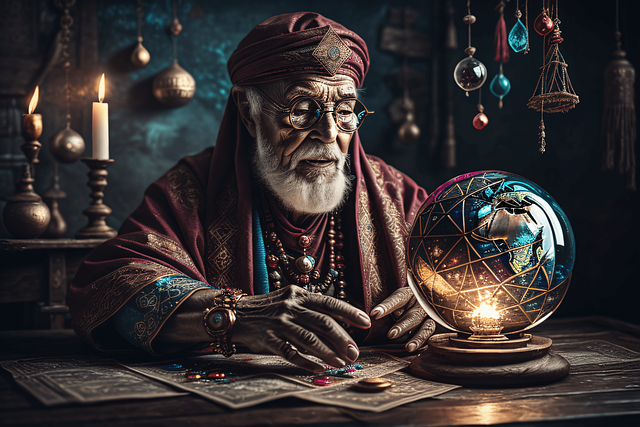barbat astrolog cu bijuterii si turban care citeste in glob de cristal