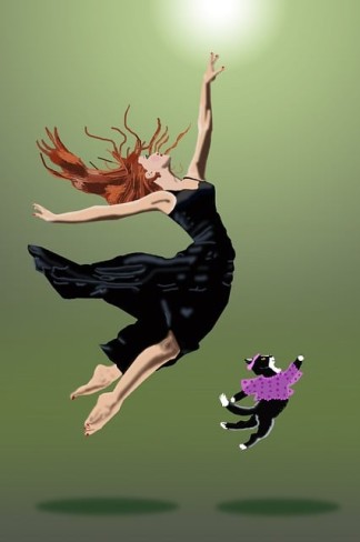 fata intr-o rochie neagra care danseaza alaturi de o pisica